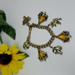 Vintage Amber Thick-Link Charm Bracelet 7"